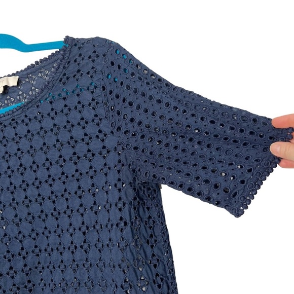 LOFT Navy Blue Geometric Eyelet Boxy Fit Short Sleeve Blouse - Picture 6 of 10
